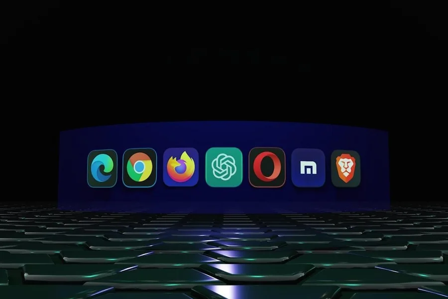 A dimly lit room displaying numerous app types, representing features of an AI enablement platform